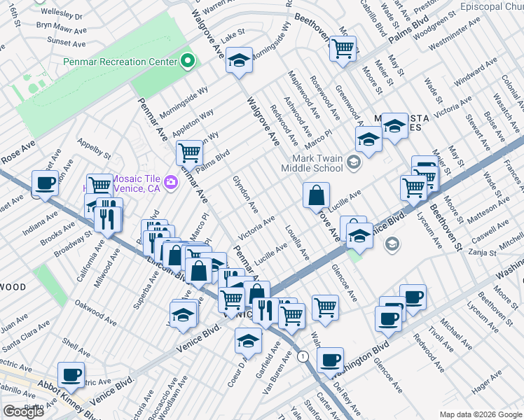 map of restaurants, bars, coffee shops, grocery stores, and more near 2124 Glyndon Avenue in Los Angeles