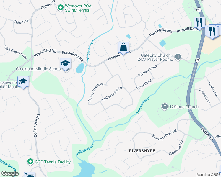 map of restaurants, bars, coffee shops, grocery stores, and more near 255 Timber Oak Cove in Lawrenceville