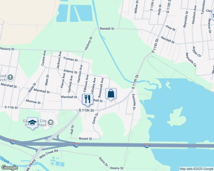 map of restaurants, bars, coffee shops, grocery stores, and more near 1509 Van Buren Avenue in Gadsden