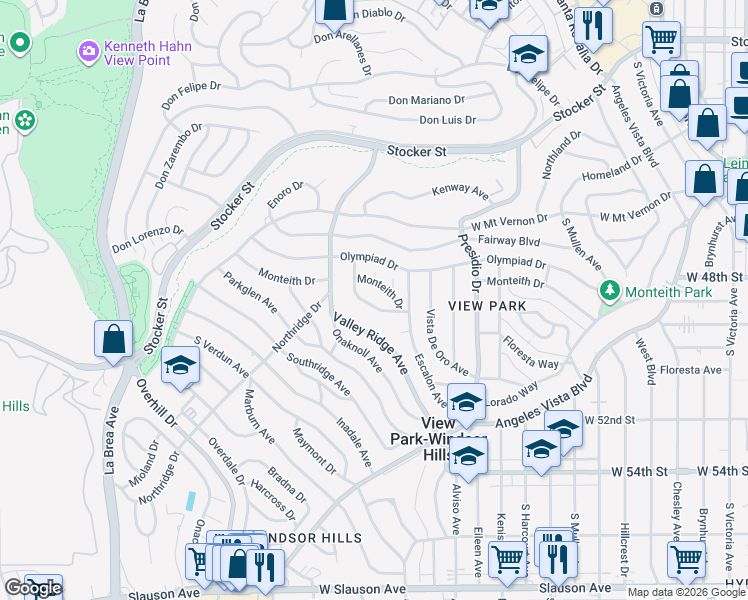 map of restaurants, bars, coffee shops, grocery stores, and more near 4057 Athenian Way in View Park-Windsor Hills