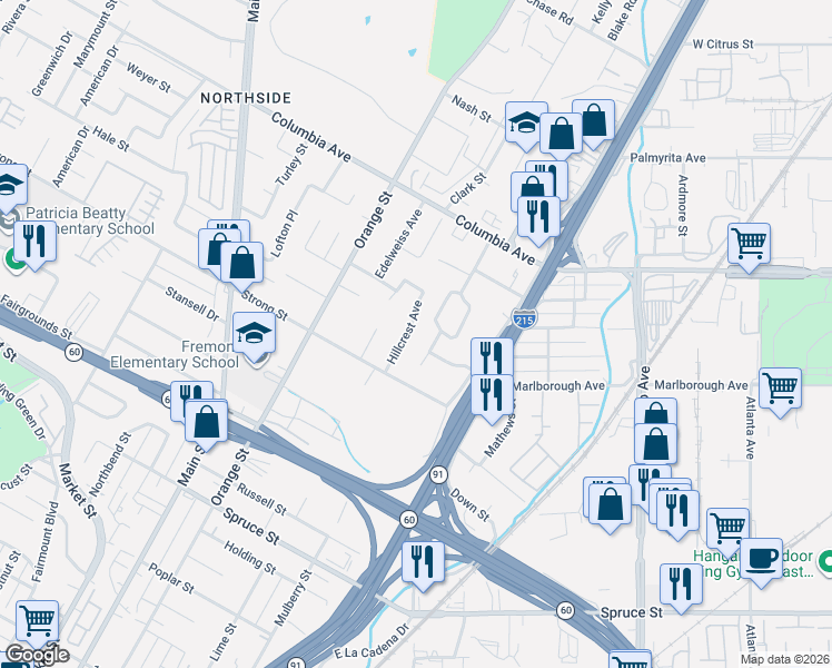 map of restaurants, bars, coffee shops, grocery stores, and more near 1594 Hillcrest Avenue in Riverside