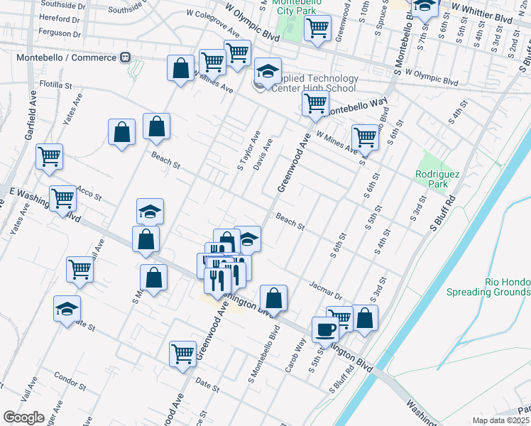 map of restaurants, bars, coffee shops, grocery stores, and more near 809 South Greenwood Avenue in Montebello