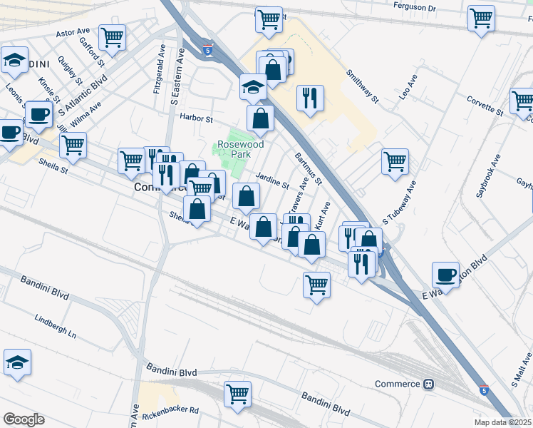 map of restaurants, bars, coffee shops, grocery stores, and more near 5768 Jillson Street in Commerce