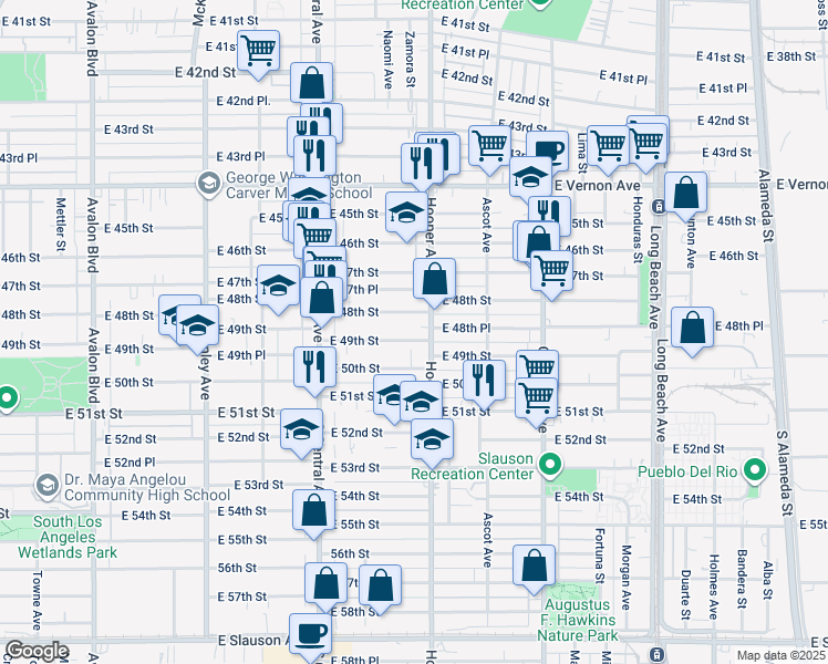 map of restaurants, bars, coffee shops, grocery stores, and more near 1277 East 49th Street in Los Angeles