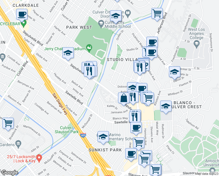 map of restaurants, bars, coffee shops, grocery stores, and more near in Culver City