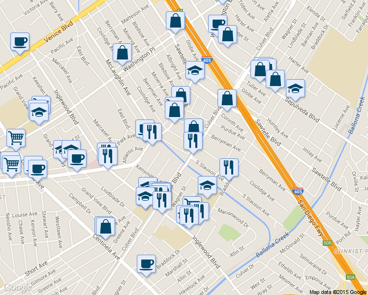 map of restaurants, bars, coffee shops, grocery stores, and more near 4365 McLaughlin Avenue in Los Angeles