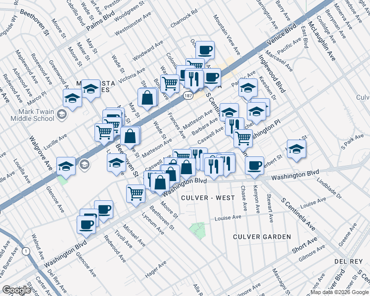 map of restaurants, bars, coffee shops, grocery stores, and more near 12626 Caswell Avenue in Los Angeles