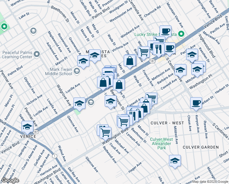 map of restaurants, bars, coffee shops, grocery stores, and more near 12814 Pacific Avenue in Los Angeles