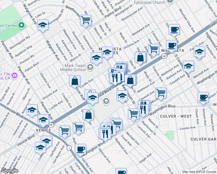 map of restaurants, bars, coffee shops, grocery stores, and more near 13011 Venice Boulevard in Los Angeles