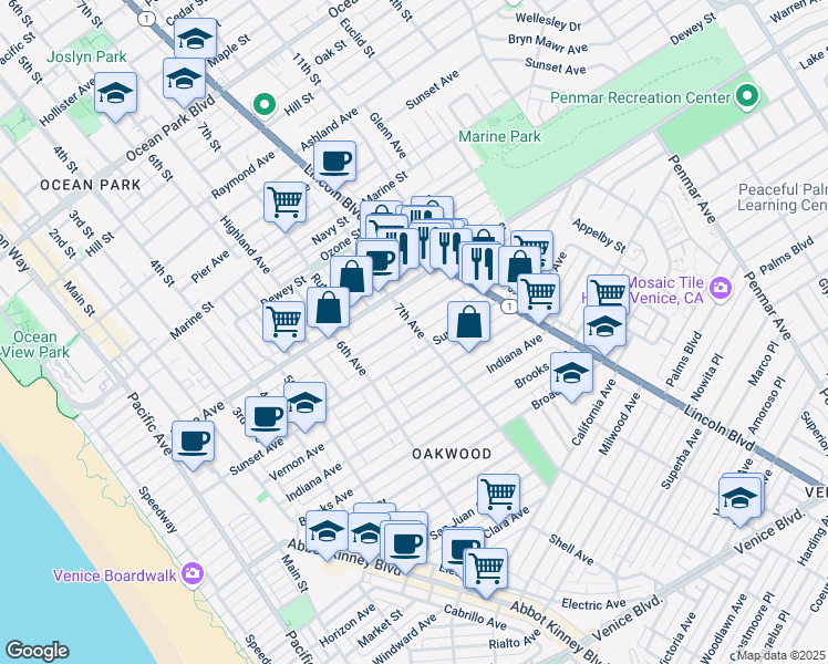 map of restaurants, bars, coffee shops, grocery stores, and more near 659b 7th Avenue in Los Angeles