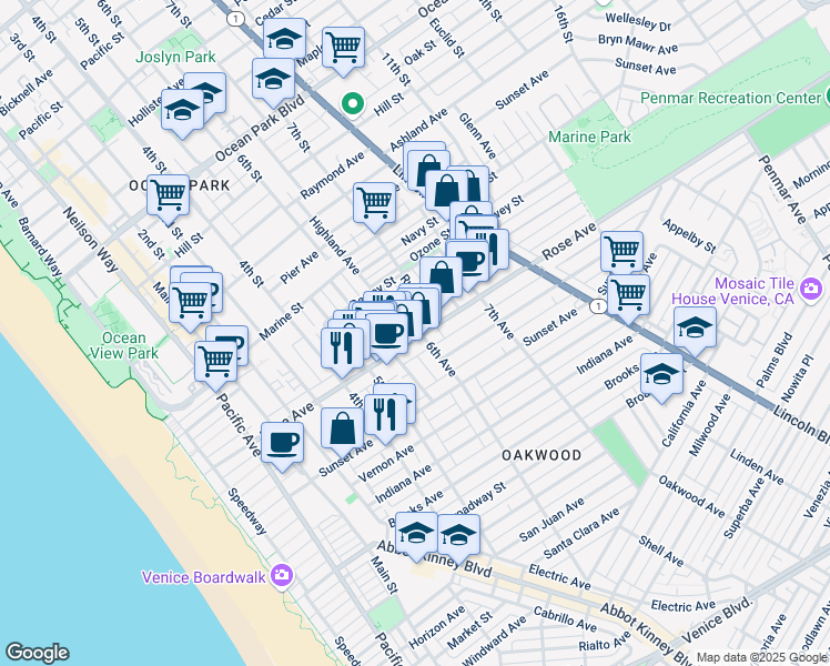 map of restaurants, bars, coffee shops, grocery stores, and more near 535 Rose Avenue in Los Angeles