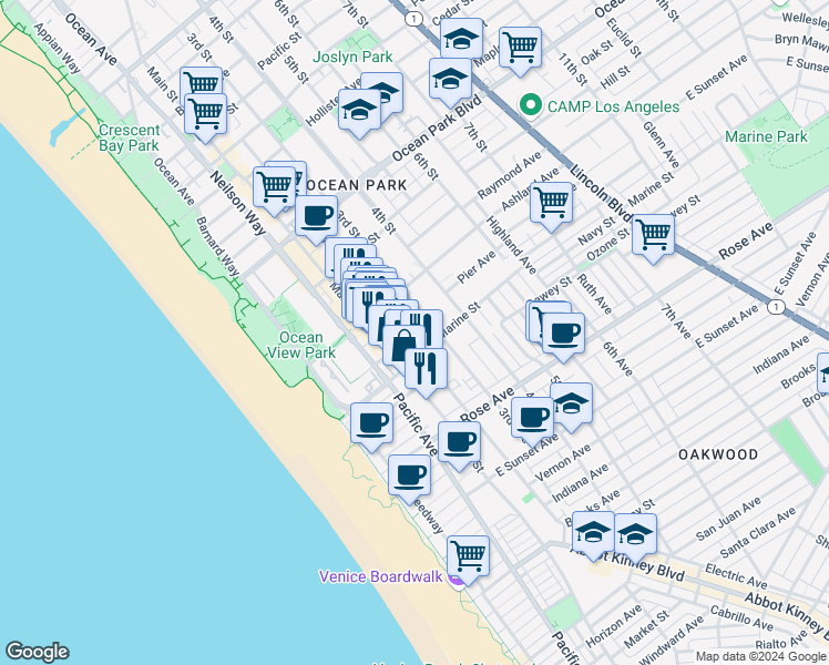 map of restaurants, bars, coffee shops, grocery stores, and more near 3017 2nd Street in Santa Monica