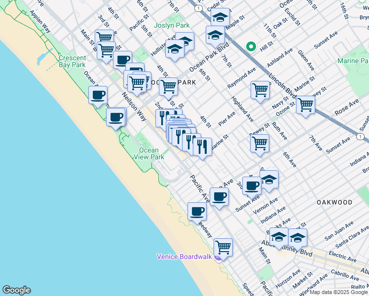 map of restaurants, bars, coffee shops, grocery stores, and more near in Santa Monica