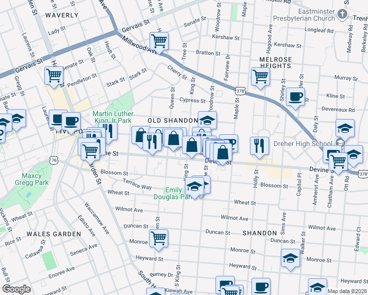 map of restaurants, bars, coffee shops, grocery stores, and more near 719 King Street in Columbia