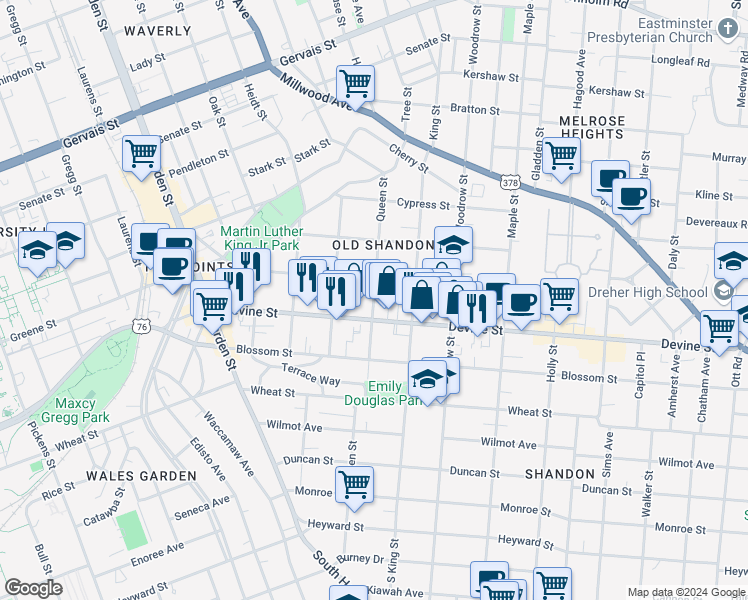 map of restaurants, bars, coffee shops, grocery stores, and more near 2441 Devine Street in Columbia