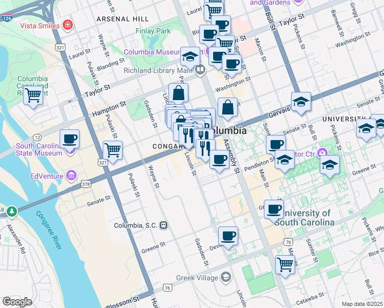 map of restaurants, bars, coffee shops, grocery stores, and more near 1120 Lincoln Street in Columbia