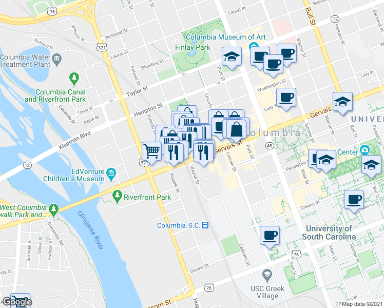 map of restaurants, bars, coffee shops, grocery stores, and more near 701 Wayne Street in Columbia
