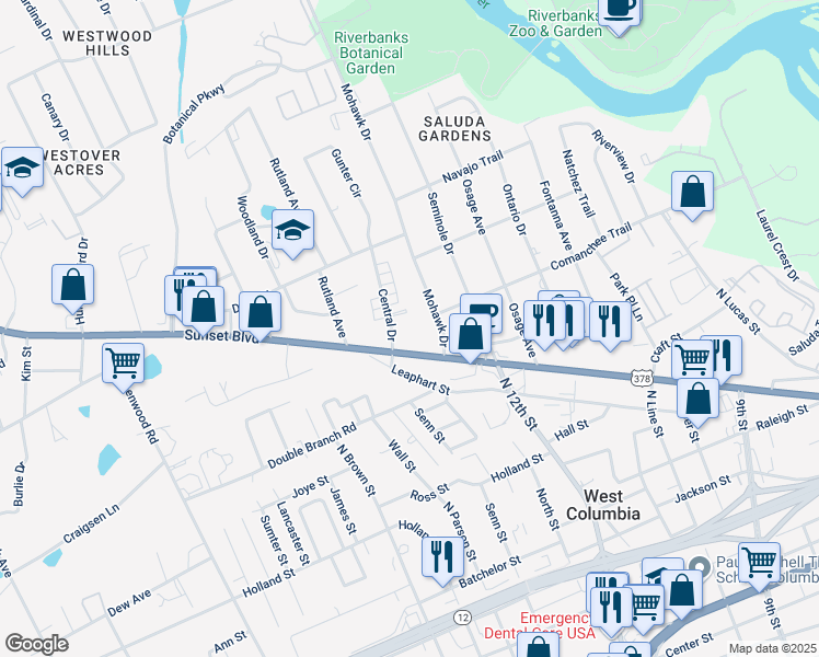 map of restaurants, bars, coffee shops, grocery stores, and more near 1306 Sunset Boulevard in West Columbia