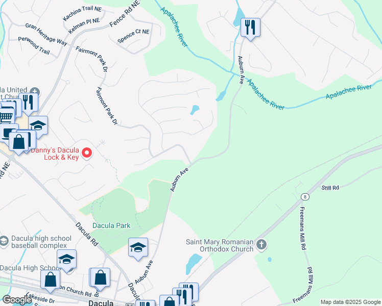 map of restaurants, bars, coffee shops, grocery stores, and more near 2606 Fairmont Park Court in Dacula