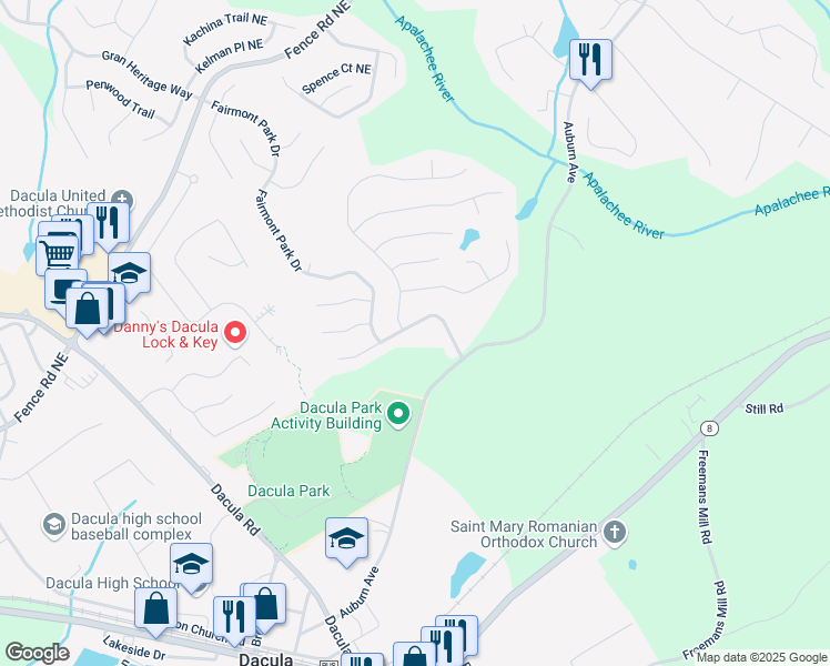 map of restaurants, bars, coffee shops, grocery stores, and more near 2535 Fairmont Park Court in Dacula