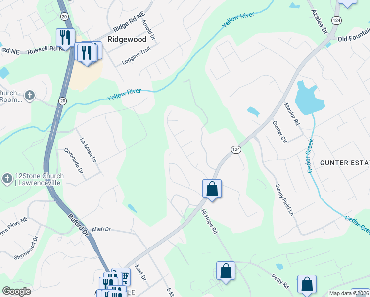 map of restaurants, bars, coffee shops, grocery stores, and more near 804 Cannondale Court Northeast in Lawrenceville