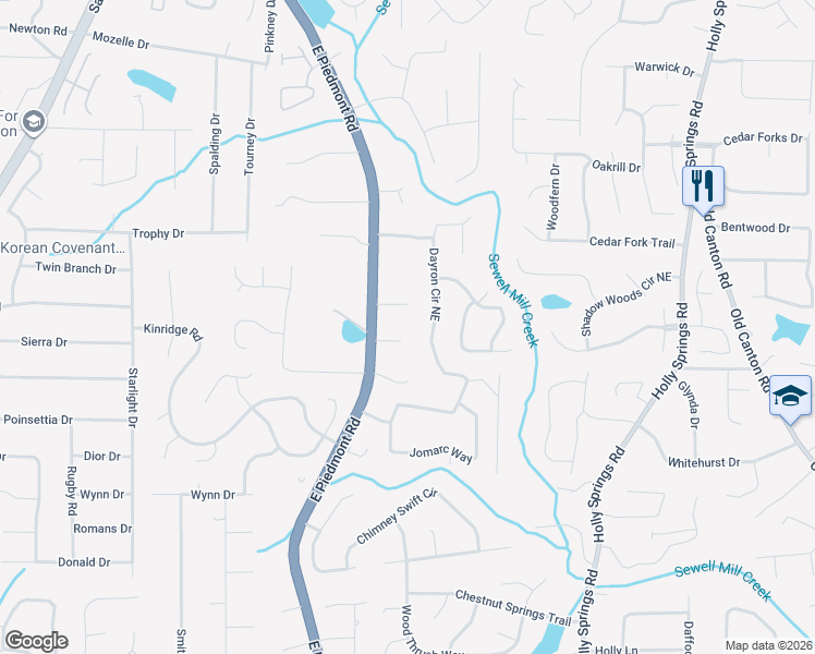 map of restaurants, bars, coffee shops, grocery stores, and more near 2339 Sunny Day Drive in Marietta