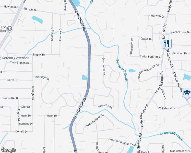 map of restaurants, bars, coffee shops, grocery stores, and more near 2329 Sunny Day Drive in Marietta
