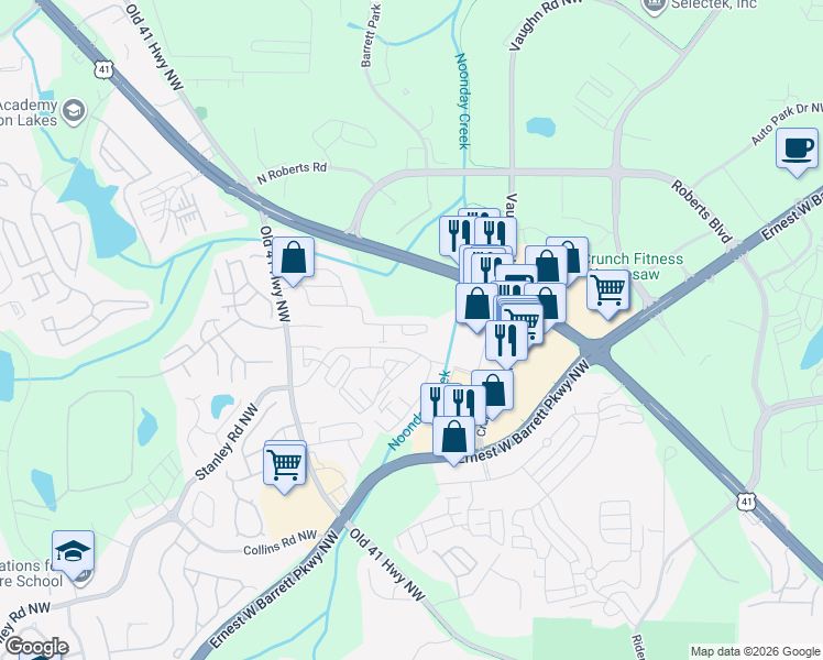 map of restaurants, bars, coffee shops, grocery stores, and more near 1375 Dolcetto Trace in Kennesaw