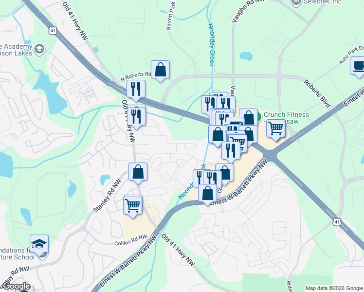 map of restaurants, bars, coffee shops, grocery stores, and more near 1352 Dolcetto Trace in Kennesaw
