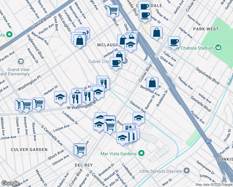 map of restaurants, bars, coffee shops, grocery stores, and more near 4365 McLaughlin Avenue in Los Angeles