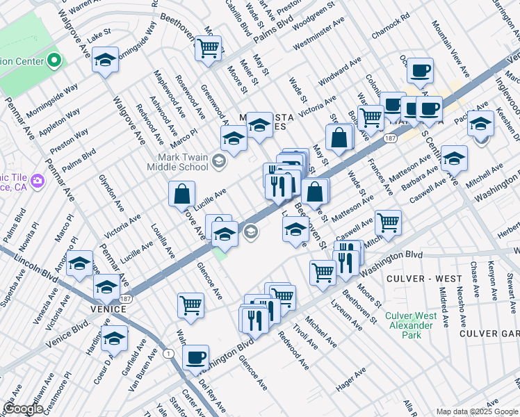 map of restaurants, bars, coffee shops, grocery stores, and more near 13013 Venice Boulevard in Los Angeles