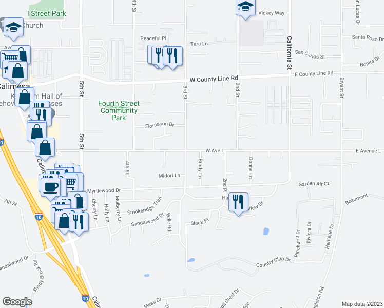 map of restaurants, bars, coffee shops, grocery stores, and more near 287 West Avenue L in Calimesa