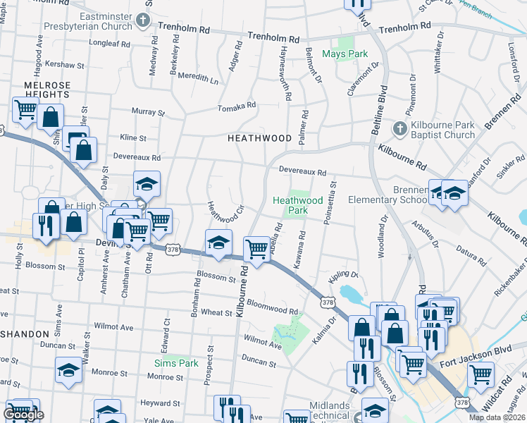 map of restaurants, bars, coffee shops, grocery stores, and more near 754 Kilbourne Road in Columbia