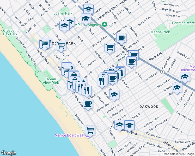 map of restaurants, bars, coffee shops, grocery stores, and more near 205 5th Avenue in Los Angeles