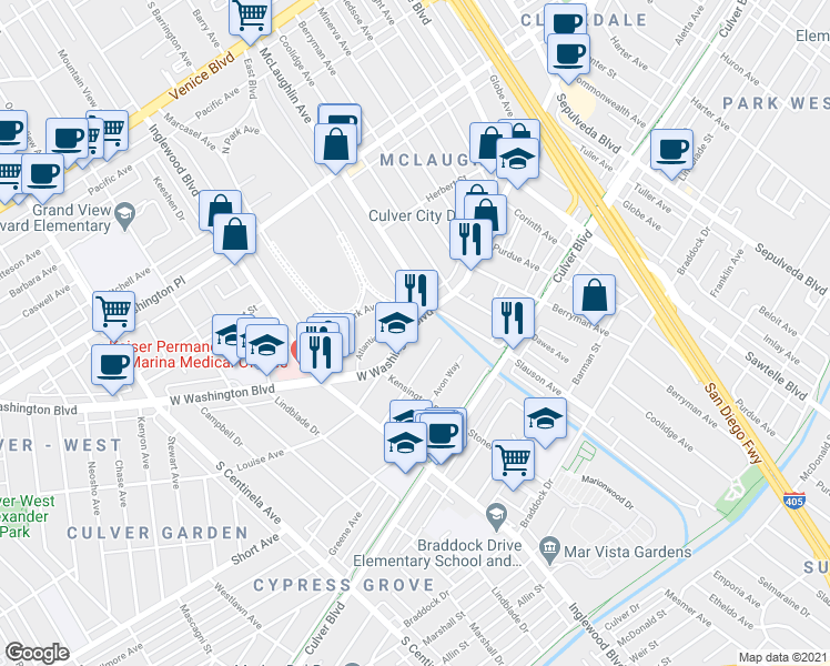 map of restaurants, bars, coffee shops, grocery stores, and more near 11791 Washington Boulevard in Los Angeles