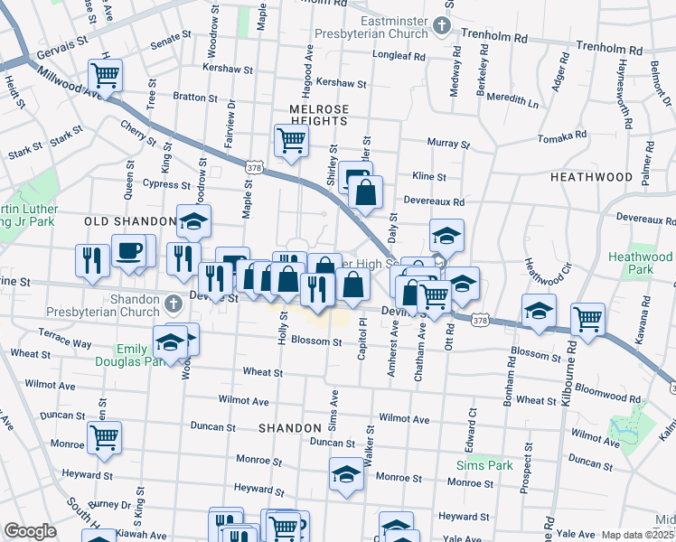 map of restaurants, bars, coffee shops, grocery stores, and more near 3007 Kirkwood Road in Columbia