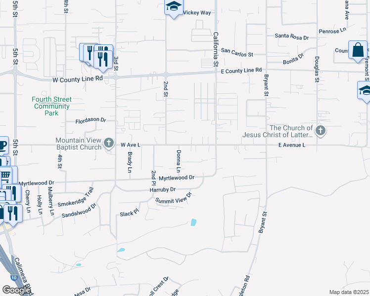 map of restaurants, bars, coffee shops, grocery stores, and more near 165 West Avenue L in Calimesa