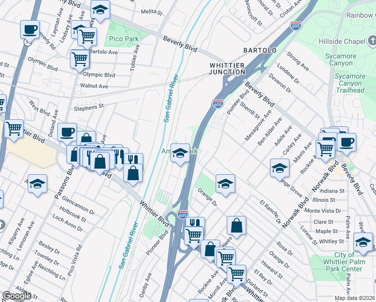 map of restaurants, bars, coffee shops, grocery stores, and more near 10050 Obregon Street in Whittier