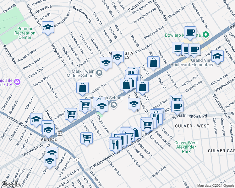 map of restaurants, bars, coffee shops, grocery stores, and more near 13013 Venice Boulevard in Los Angeles