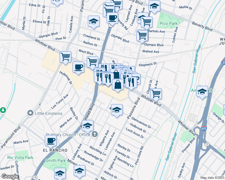 map of restaurants, bars, coffee shops, grocery stores, and more near 9176 Whittier Boulevard in Pico Rivera