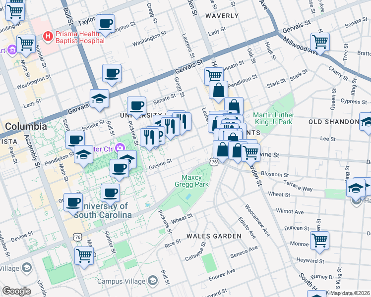 map of restaurants, bars, coffee shops, grocery stores, and more near 806 Barnwell Street in Columbia