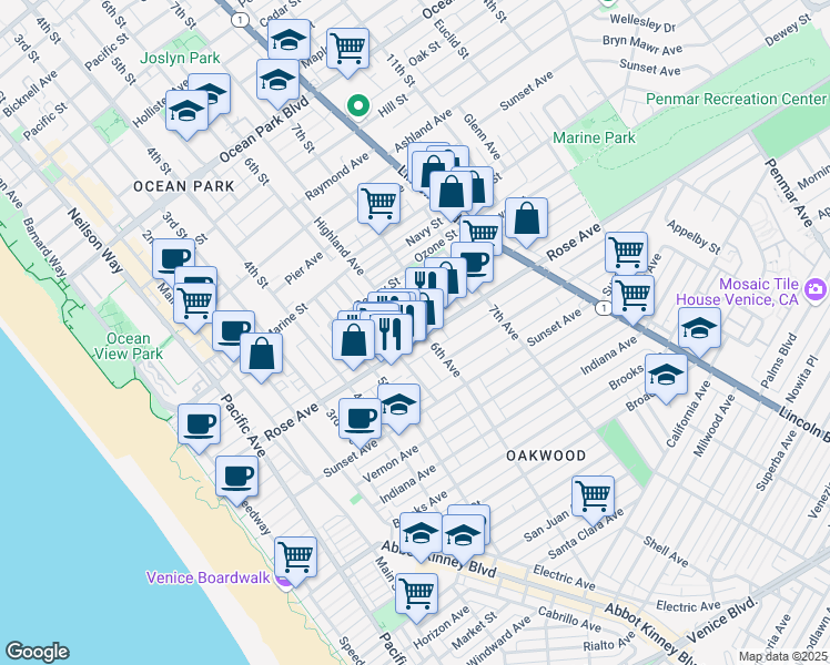 map of restaurants, bars, coffee shops, grocery stores, and more near 535 Rose Avenue in Los Angeles