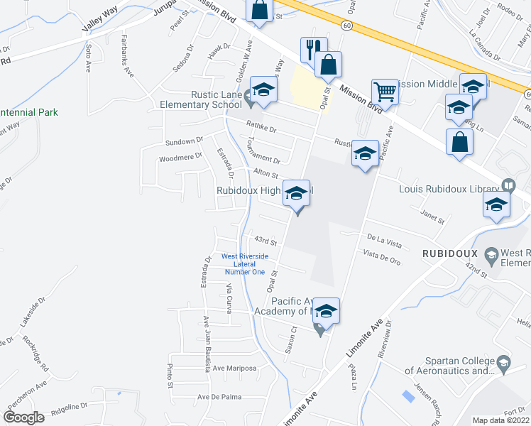 map of restaurants, bars, coffee shops, grocery stores, and more near 6365 Leyburn Place in Riverside