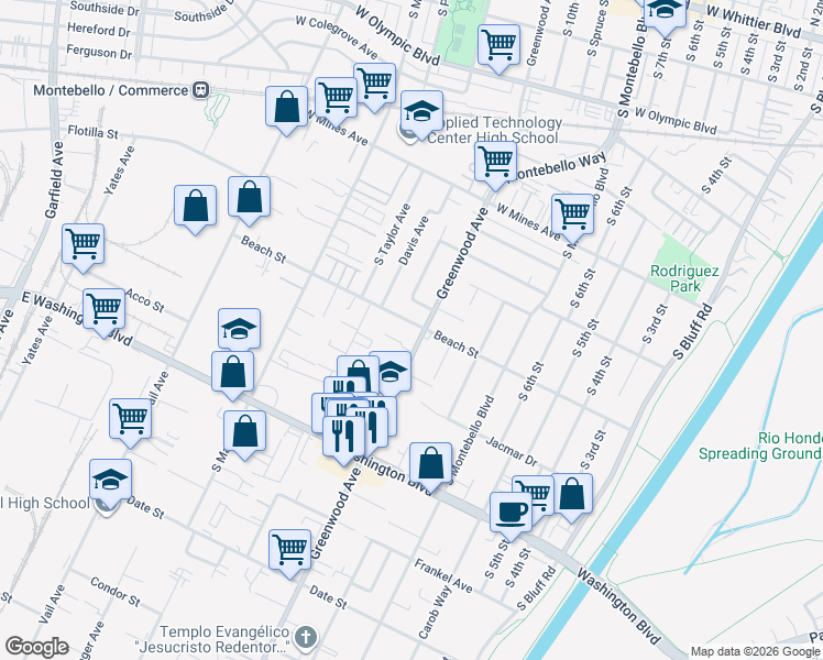 map of restaurants, bars, coffee shops, grocery stores, and more near 809 South Greenwood Avenue in Montebello