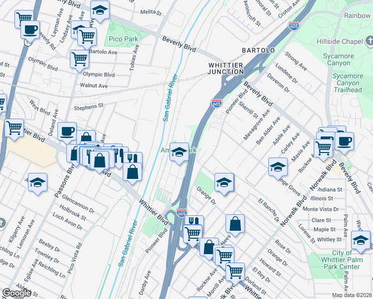 map of restaurants, bars, coffee shops, grocery stores, and more near 10050 Obregon Street in Whittier