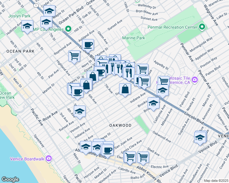 map of restaurants, bars, coffee shops, grocery stores, and more near 705 Sunset Avenue in Los Angeles