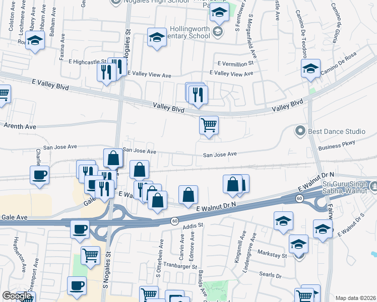 map of restaurants, bars, coffee shops, grocery stores, and more near 19275 San Jose Avenue in City of Industry