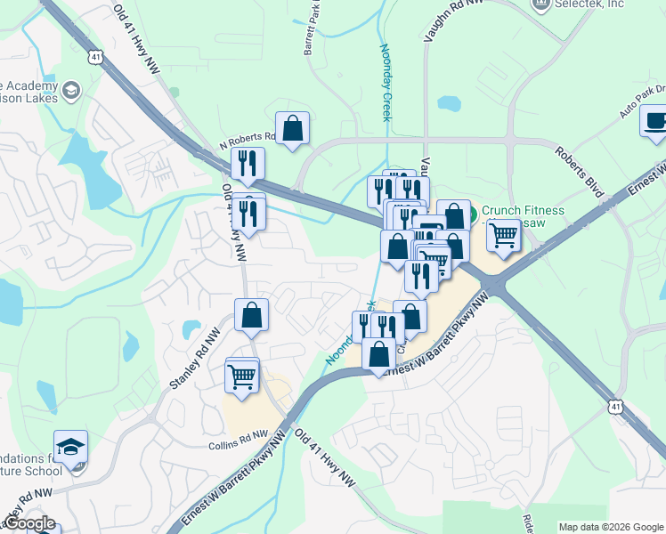 map of restaurants, bars, coffee shops, grocery stores, and more near 1352 Dolcetto Trace in Kennesaw