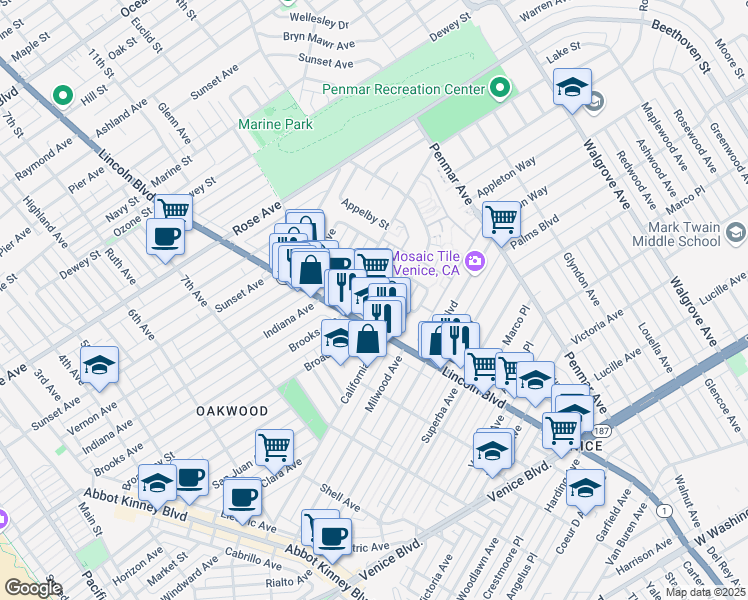 map of restaurants, bars, coffee shops, grocery stores, and more near 910 Lincoln Boulevard in Los Angeles