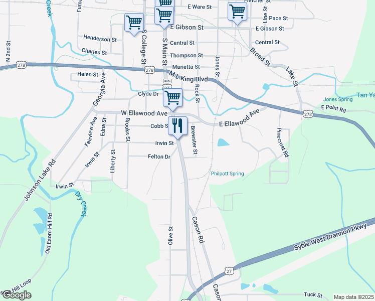 map of restaurants, bars, coffee shops, grocery stores, and more near 208 Washington Street in Cedartown